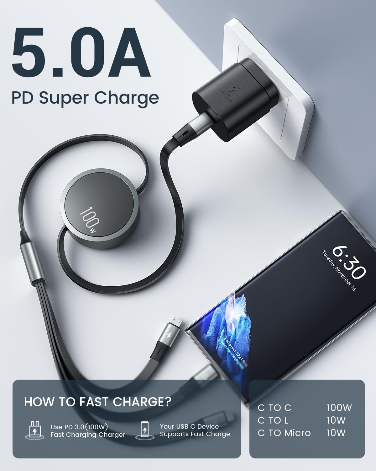 NEOYFC  for  2025 Upgraded 100W Multi Charging Cable, Retractable USB C 3 in 1 Charging Cable with Type C/L/Micro, 5A Fast Charger Cord for Phone 16 15 14, Galaxy S23/S24/S25, MBook, Pad, Multiple