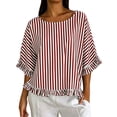 thumbnail image 2 of Qulqfy Crew Neck Women's Blouses Short Sleeve Striped Loose Casual Ruffle Spring Summer Boho Trendy Ladies Tops and Blouses Red M, 2 of 8
