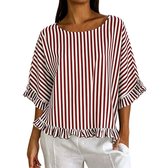 Summer Boatneck Striped Elegant Tops for Women Loose Fit Casual Ruffle Elbow Sleeve Tee Trendy Outdoor T-Shirts for 2026