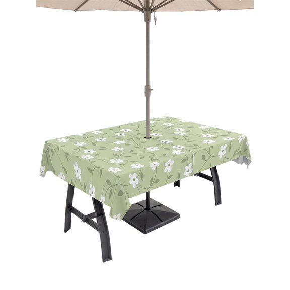 52x70 Inch Outdoor Tablecloth with Umbrella Hole Zipper Rectangle Country Green Flowers Rectangular Tablecloths Waterproof Vintage Leaves Plants Floral Rustic Patio Table Cloth Cover for Picnic