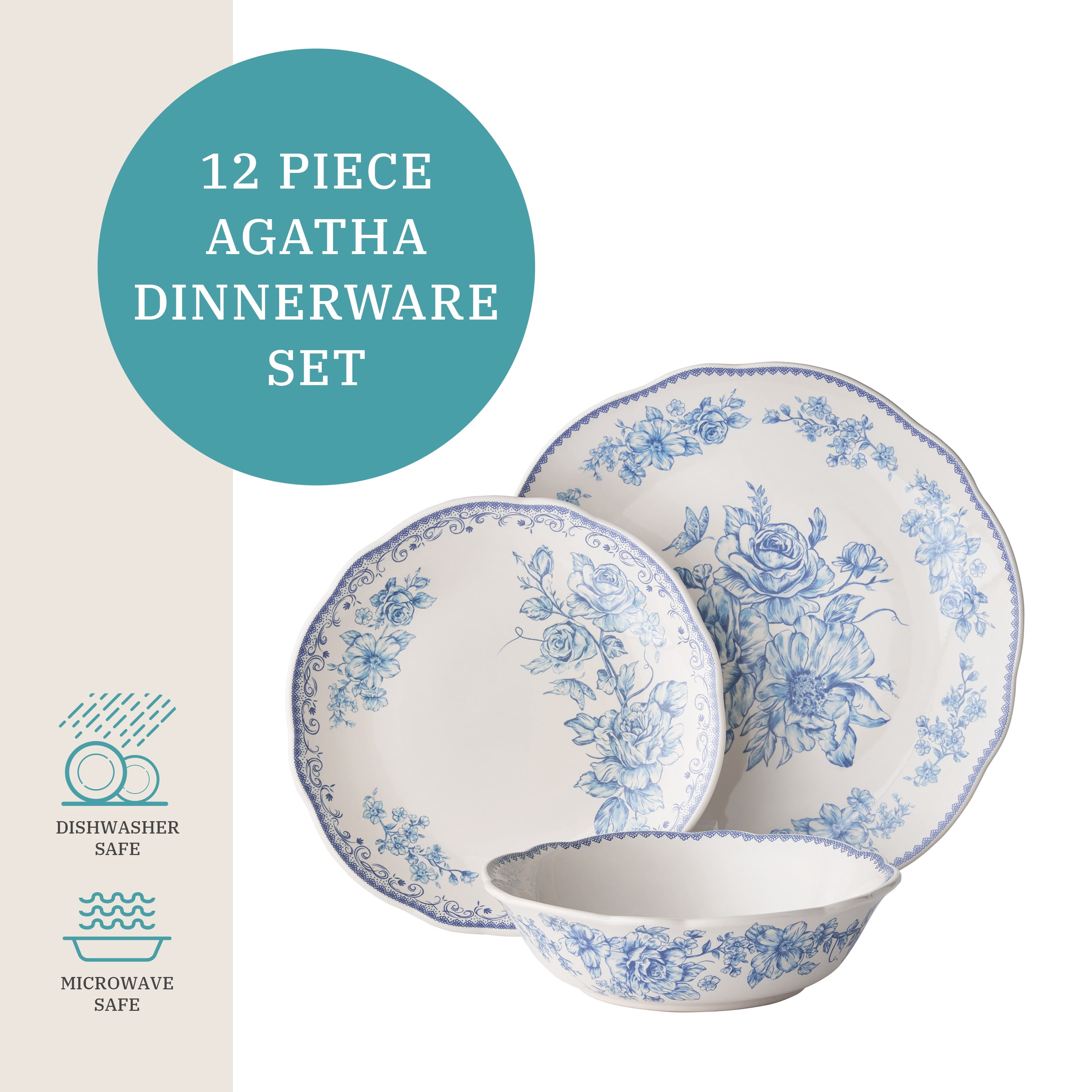 The Pioneer Woman Agatha 12-Piece Stoneware Dinnerware Set, Blue