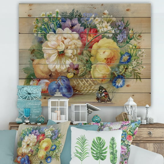 Designart 'Vintage Still Life Of White and Yellow Flowers' Traditional Print on Natural Pine Wood