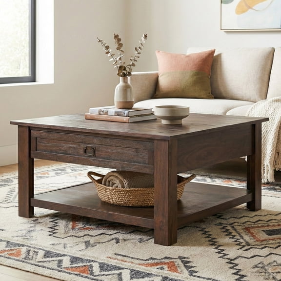 Monroe 38 inch Wide Solid Acacia Wood Rustic Square Coffee Table in Distressed Charcoal Brown