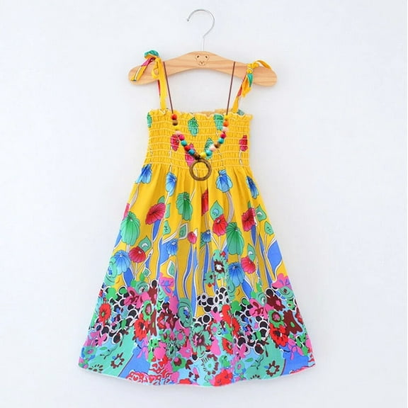 XBASW Kids Baby Girls Strap Dress Summer Floral Printing Sundress Girls Sleeveless Beach Dress With Necklace for Toddler 2-10Y