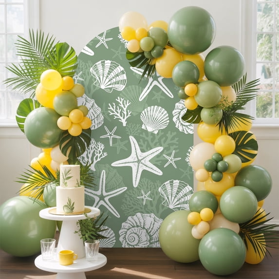 4 Ft Arch Backdrop Cover, Starfish Sage Green Coastal Decorative Wedding Arch Covers Spandex Fitted, Summer Nautical Shell Beach Backdrop Arches Covers for Party Banquet Baby Shower