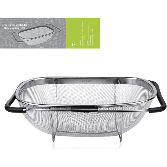 6-Quart Large Over The Sink Colander, Heavy Duty 40% Thicker 18/8 Stainless Steel Fine Mesh Strainer Basket with Expandable Rubber Grip Handles - , Drain, Rinse Fruits, Vegetables
