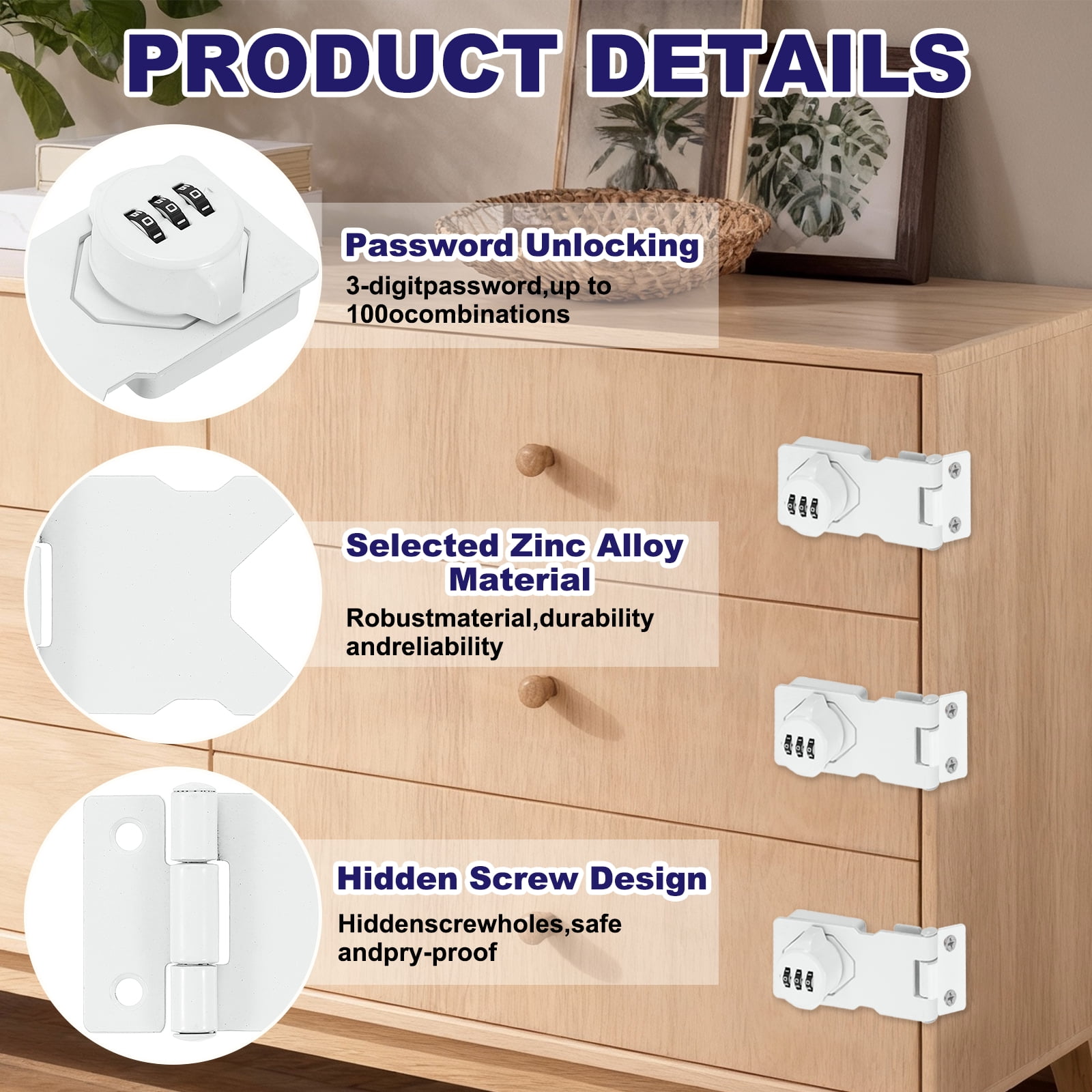 Uxcell Keyless Cabinet Lock with Combination Code (3.5 Inch) - 3-Digit Password Hasp Latch Lock Mechanical Password Rotary Hasp, for Drawer Closet Cupboard Fence Door, White