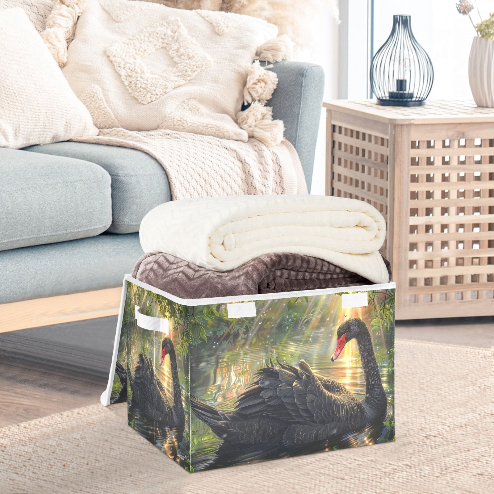 Black Swan Sunlight Storage Basket for Shelves Foldable Container Organizer for Organizing Toys Clothes Books with Handles