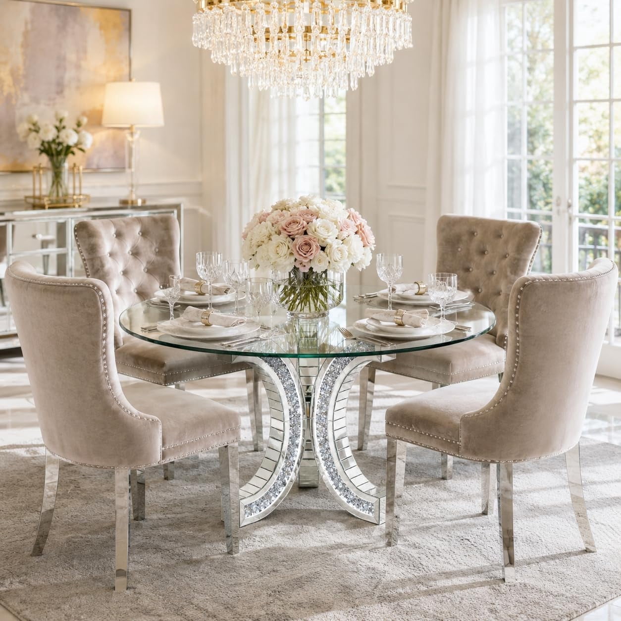 47" Bling Tempered Glass Round Dining Table with Crushed Diamond Mirrored Legs, 15-Min Easy Assembly Kitchen Table for 4, Shatterproof Drop-Tested Packaging, Luxury Glam Housewarming Gift, Silver
