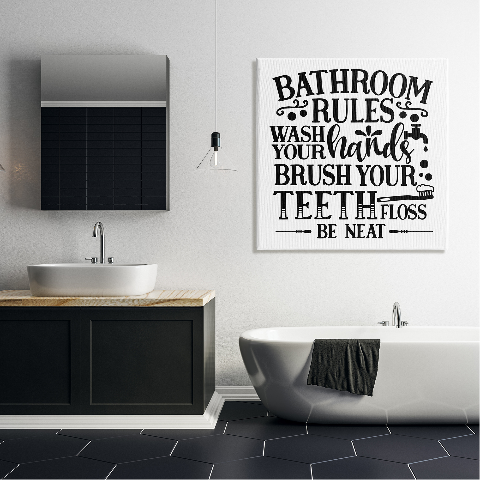 Stupell Industries Be Neat Bathroom Rules Abstract Painting Gallery Wrapped Canvas Print Wall Art, 36 x 36