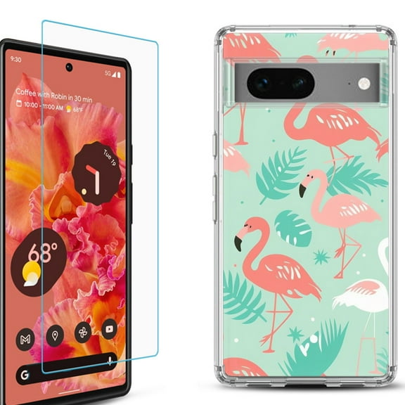 OneToughShield ® for Google Pixel 7a Shockproof Bumper Phone Case, with Tempered Glass Screen Protector - Flamingo