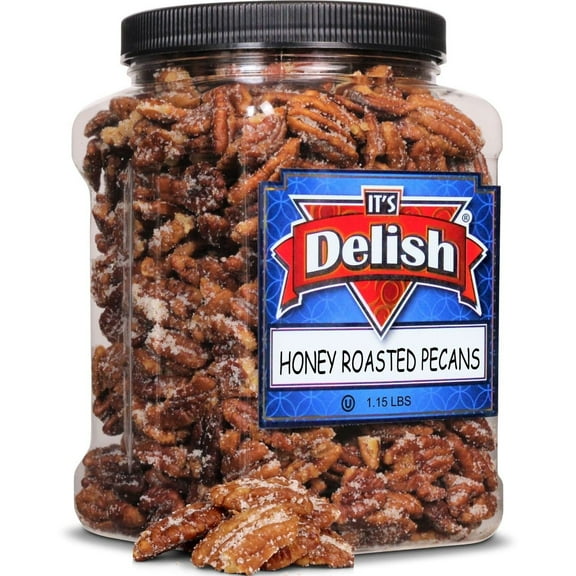 Honey Roasted Pecans by It's Delish, 1.15 LBS Reusable Jumbo Container  Gourmet Pecan Nuts in Honey Sugar Coating, Sweet & Heart Healthy Salted Nut, Kids Snack - Non-Dairy, Kosher Parve
