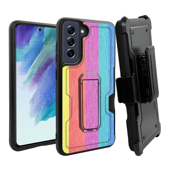 ANJ  Rugged Dual Layer Shockproof Holster Case w/Card Slot, Kickstand   Tempered Glass for Samsung Galaxy S21 FE 5G - Pastel Bars