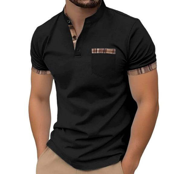 XIAONU Men's Short-Sleeve Mandarin Collar Polo Shirt Plaid-Accent Pocketed Top Stylish Daily Office Weekend Casual Wear
