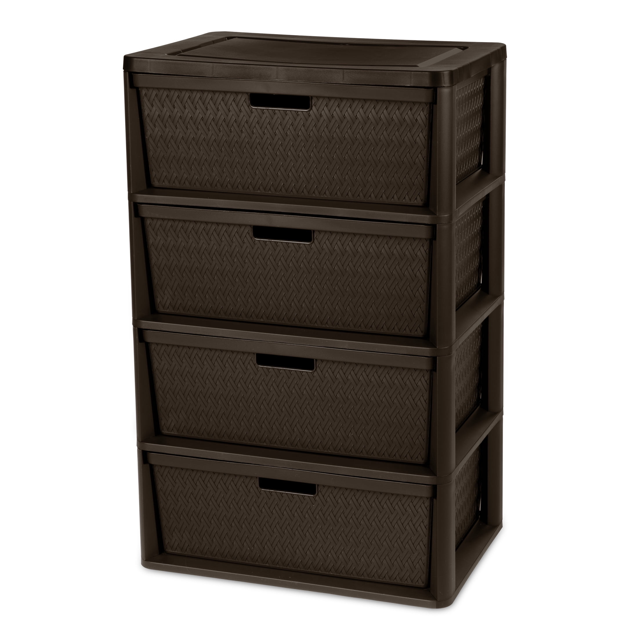 (2 pack) Sterilite Wide 4 Drawer Tower, Plastic Storage Organizer with Removable Decorative Bins, Easy to Assemble - No Tools Needed, Brown
