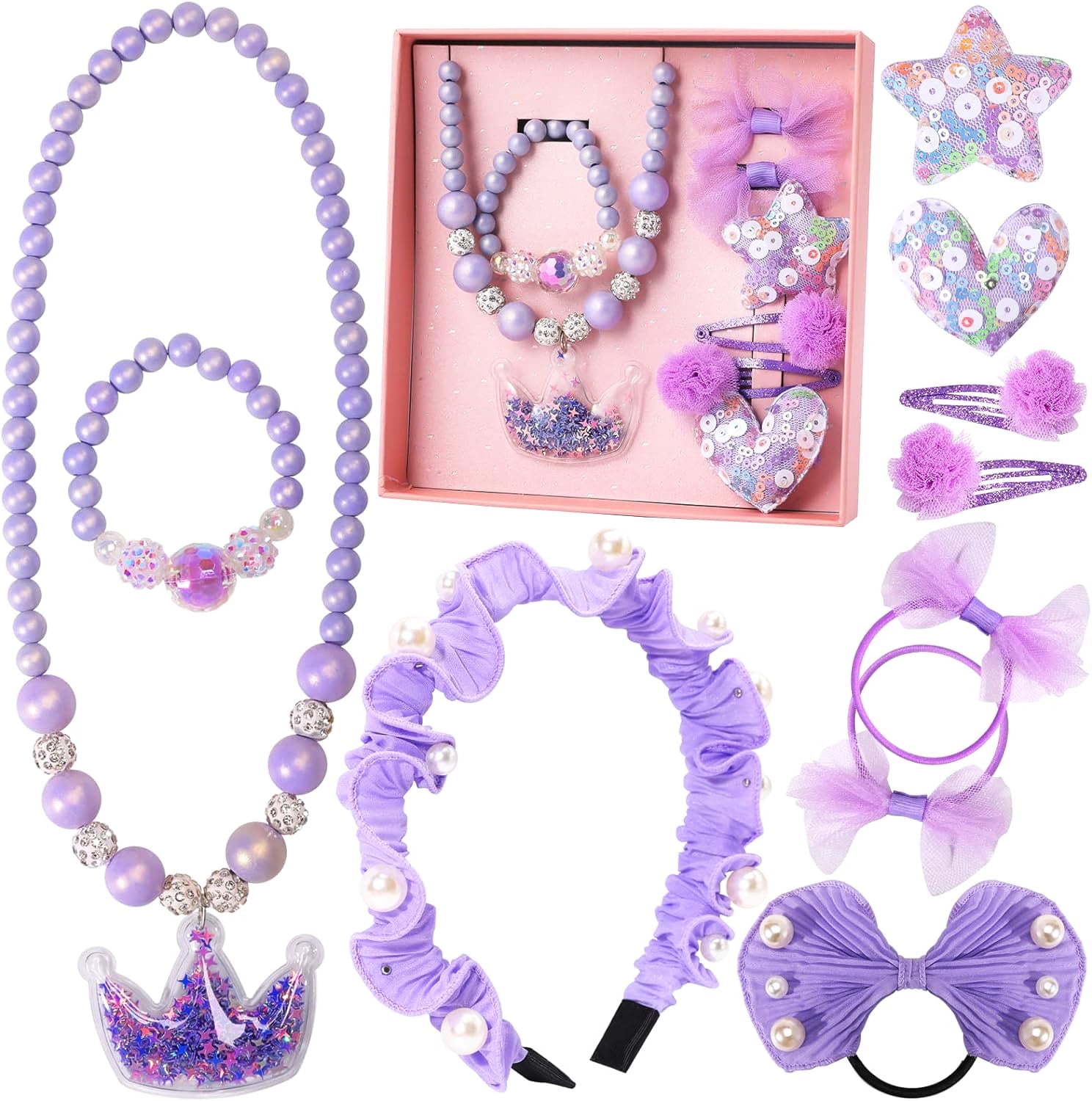 ShineySky Kids Jewelry For Girls, 18pcs Mermaid Necklaces Bracelets Headband Rings Earrings, Costume Dress Up Toys Princess Accessories Set For Age 3 4 5 6 7 8 Year Old Purple