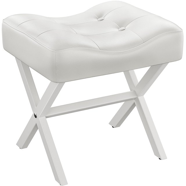 Taburete Memobarco, tamaño grande, piel, 46 cm, con patas en X de metal, color blanco