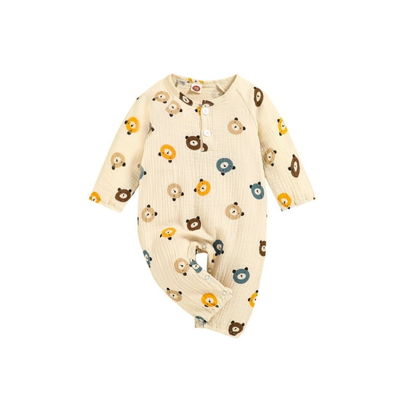 Qiylii Baby Cartoon Bear Romper, Long Sleeve Buttoned Long Pants Bodysuit