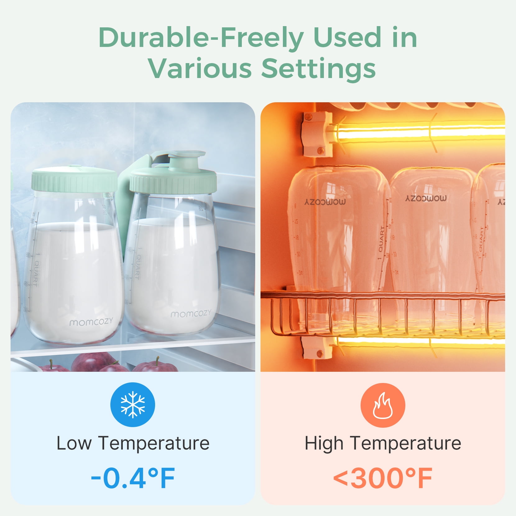 Momcozy Glass Breast Milk Pitcher, Milk Storage Container with Flat Lid&Handle Lid,Leak-Resistant,Heat & Cold Resistant, 2 Pcs, 32oz Each (64oz Total)