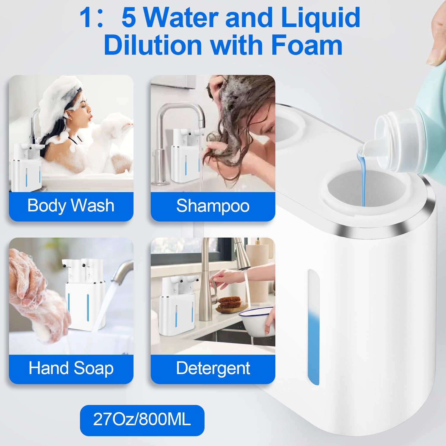 Automatic Soap Dispenser Touchless Wall Mounted,AILKIN 27oz/800ml 4 Gears Adjustable Waterproof Rechargeable Dual Head Foaming Dish Foam Soap Dispenser for Bathroom,Countertop,Sink,Kitchen（Foam)