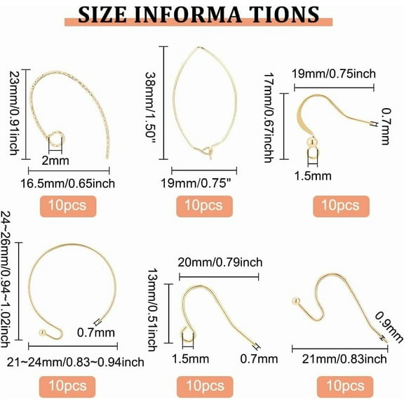 1 box 60pcs 6 style Real 18K golden Plated Brass Earring Hooks Brass Ear Wires with Horizontal Loops for Earring Dangle Jewelry Findings
