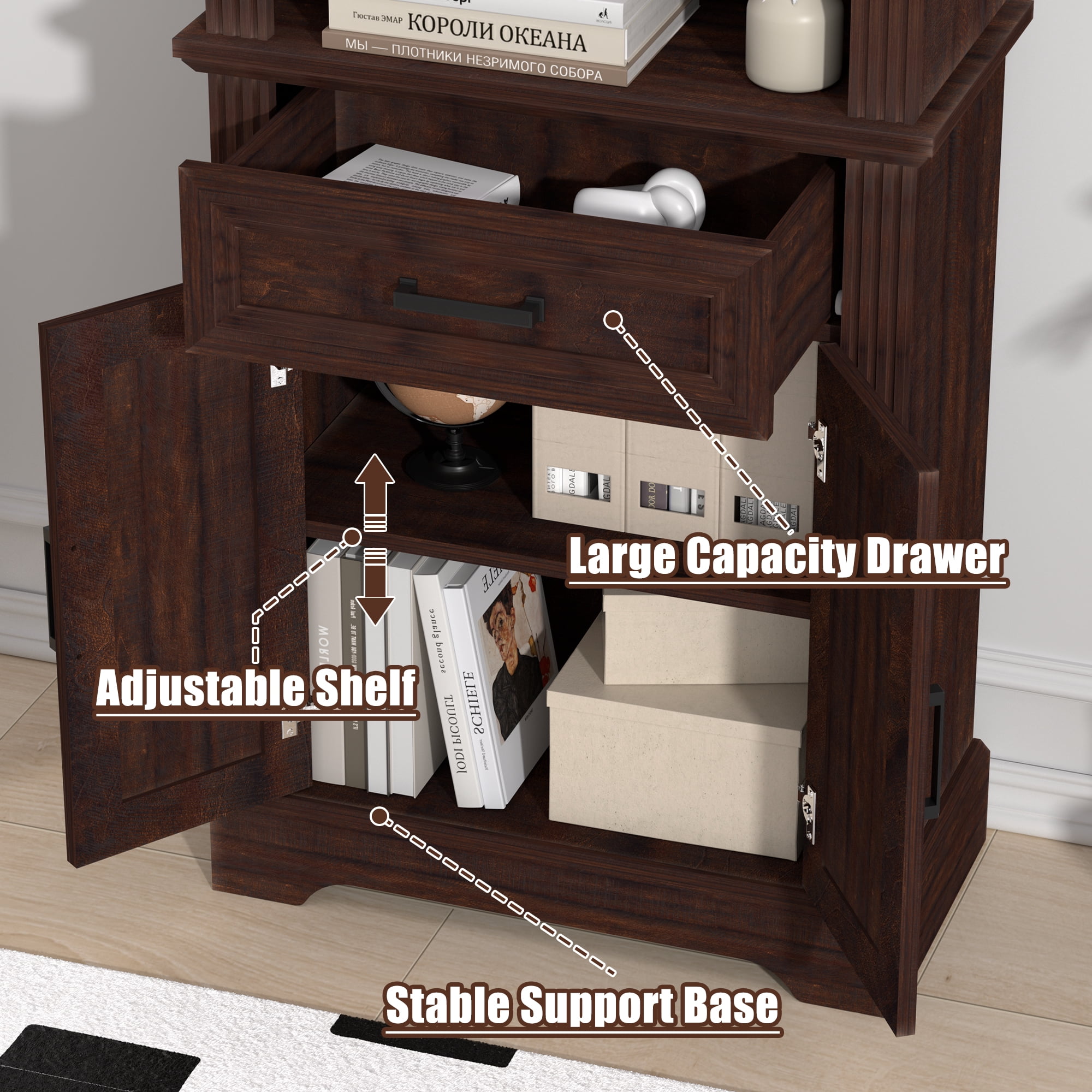 HARIPUL 72" Tall Bookcase Floor Standing with Drawer and Door, 6 Tier Wooden Storage Bookshelf for Living Room Home Office, Vintage Brown