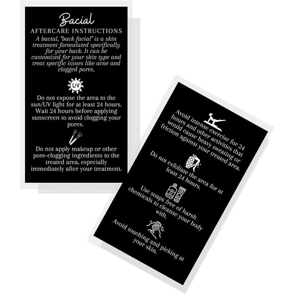 Bacial Aftercare Instruction Cards  50 Pack  Size 2x3.5 inches Business Card Size  Back Skin Care Kit  Black with White Design