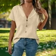 thumbnail image 7 of cocolona Womens Summer Linen Shirts Fashion Solid Color Short Sleeve Button V Neck Tops Casual Loose Fit Blouses, 7 of 7