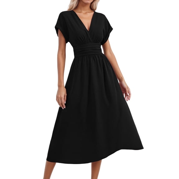 Afdoent Womens Dresses Elegant Long Casual Dress With Overlap Neckline Batwing Sleeves And Waist Pleats For Summer Travel Outfits