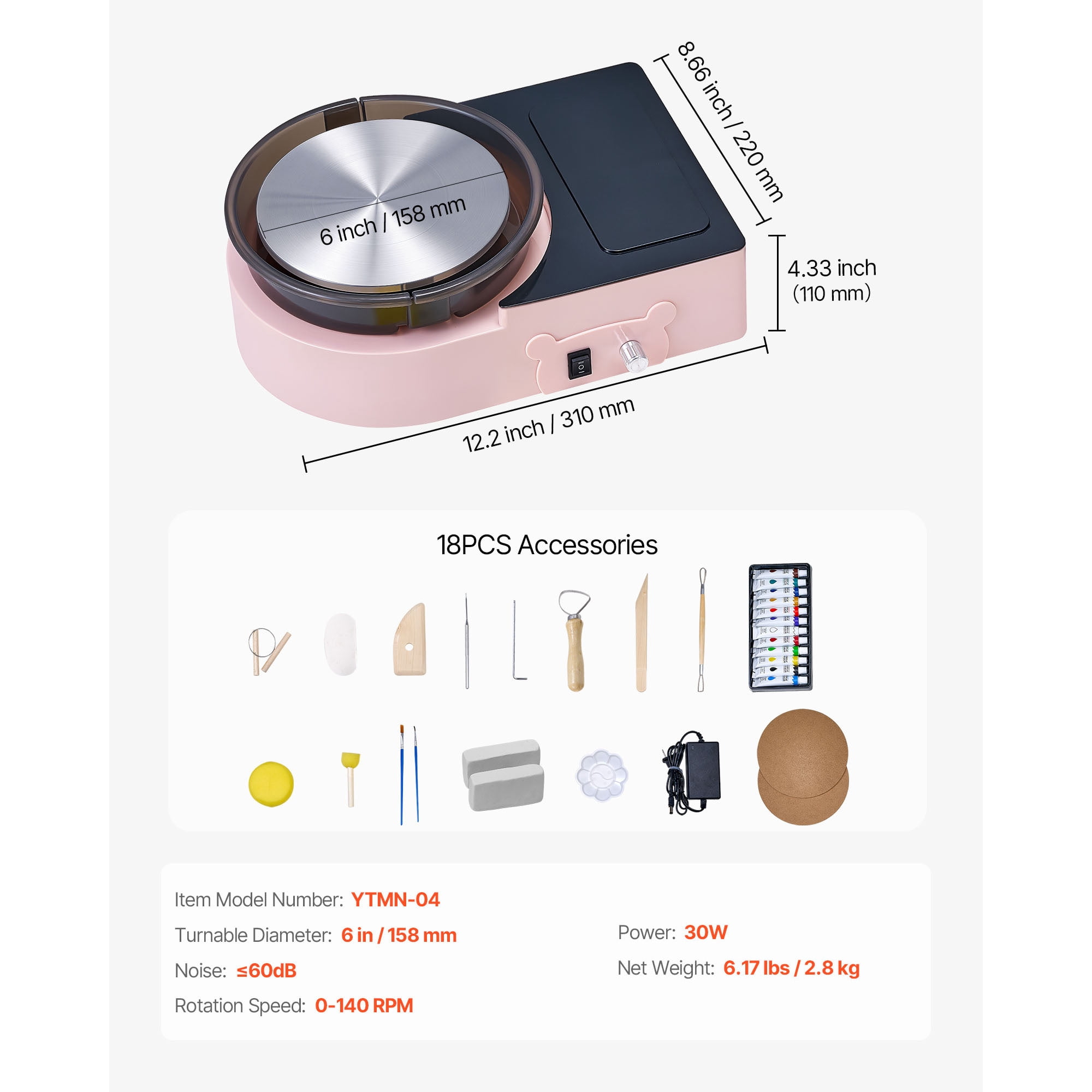 KFFKFF Mini Pottery Wheel with 6-Inch Turntable, Adjustable Speed, Forward and Reverse Rotation, Electric Clay Wheel for Kids and Adults, Includes Clay Shaping Tools, Ideal for Home Projects and Pott
