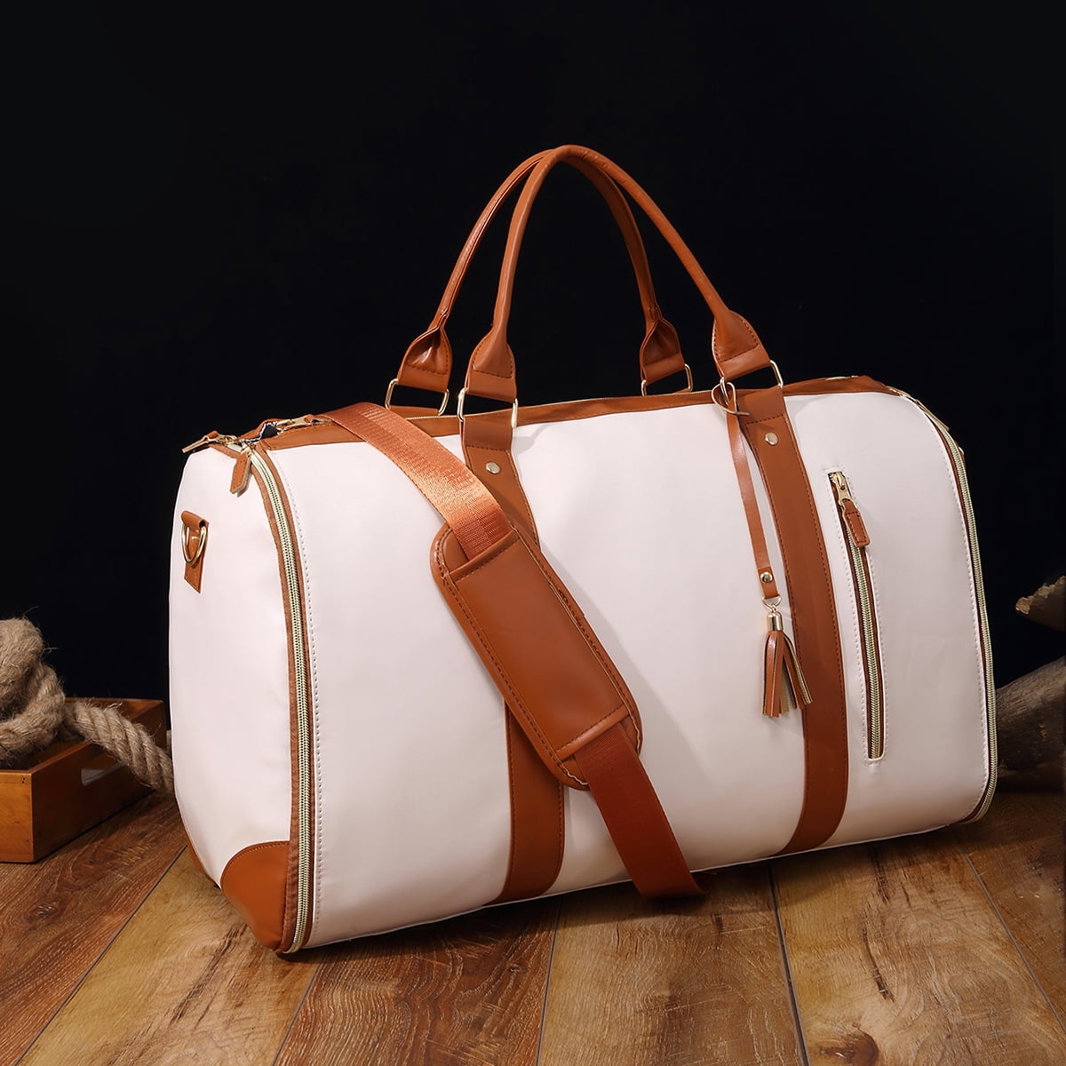 Authentic Leather Duffel Bag for Women Large Travel Tote with Clothing Compartment beige