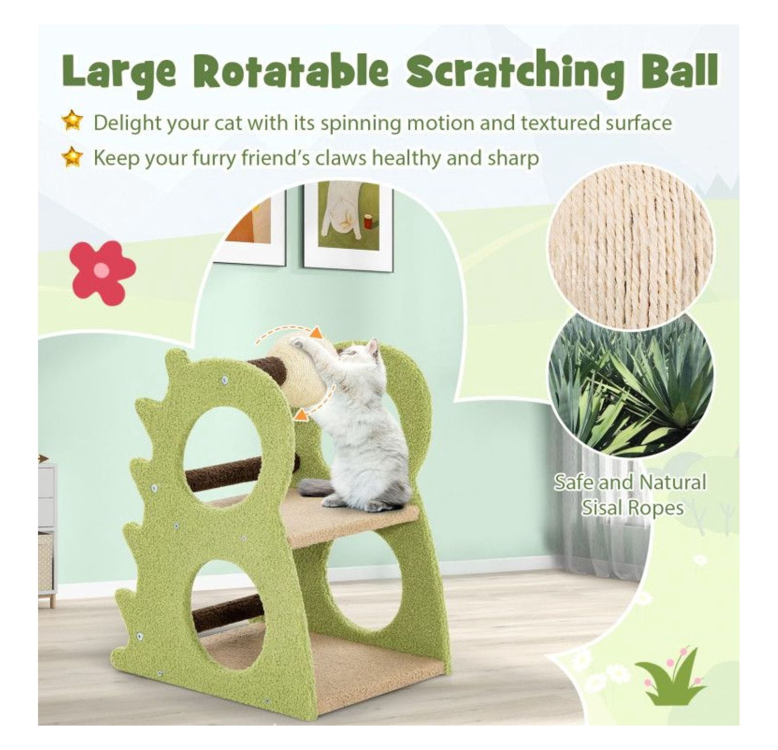 Cat Tree 2-Tier Dinosaur Design with Scratching Ball - Indoor Kitten Activity Center