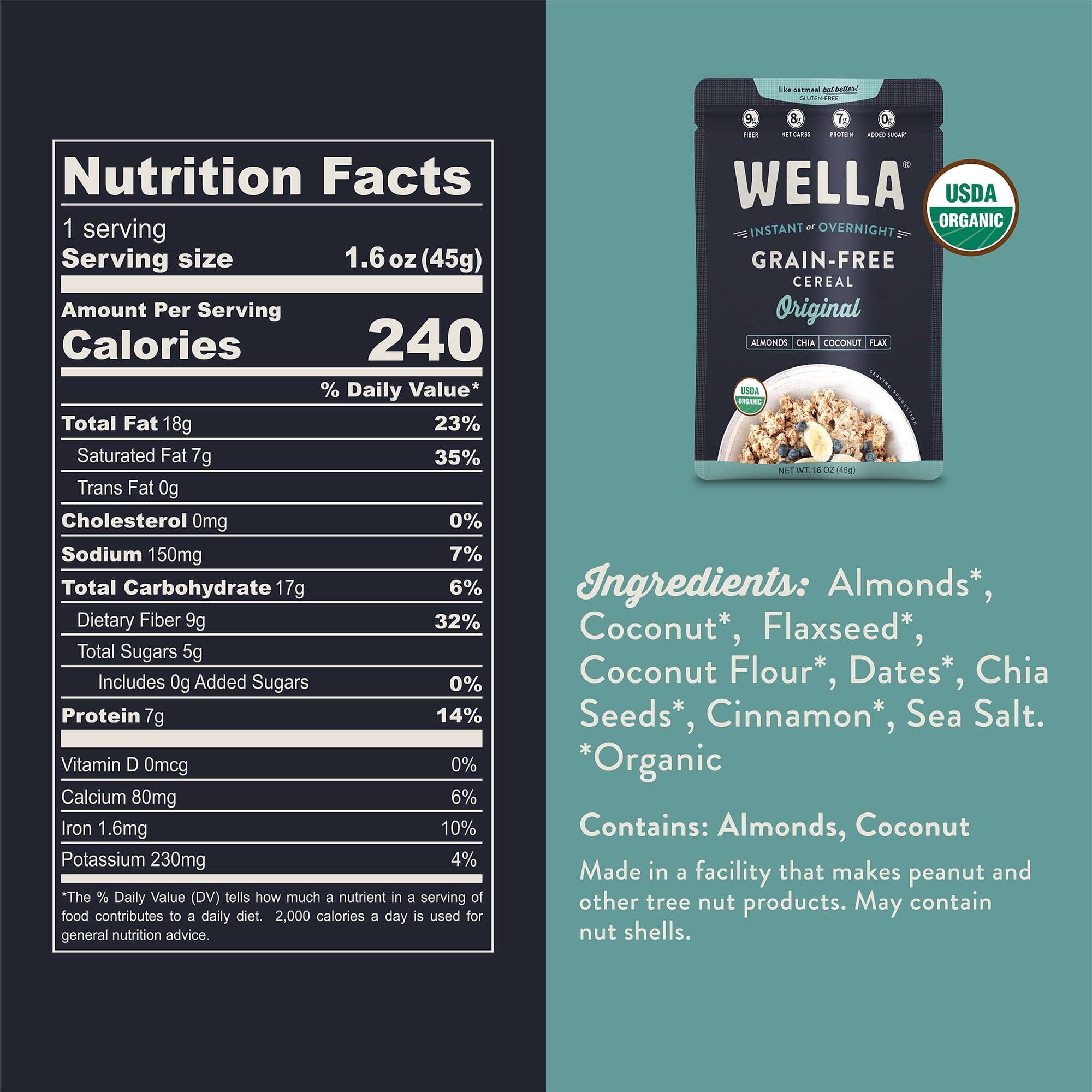 Wella Grain Free Cereal Oatmeal Alternative – Organic Cereal, Vegan High Protein Gluten Free Superfood – Paleo Plant-Based Non-GMO – Low in Net Carbs – Single-Serve 1.6 oz. - 10 Packets