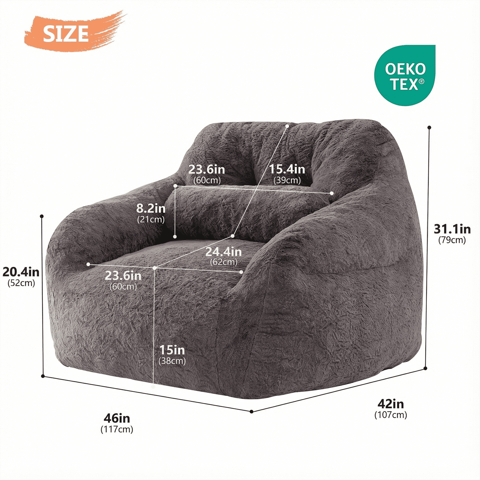Ebenchico 3.8ft Oversized Bean Bag Chair for Adults Teens Kids, Beanbag Chairs with Pillow, Reading Gaming Relaxing Chair, Dark Gray
