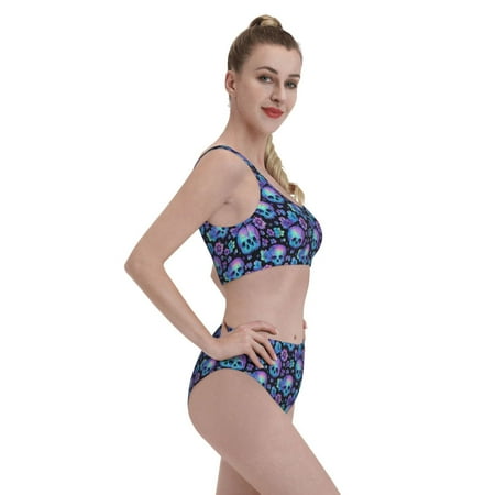 Goofa blue daisy Skull flower Pattern High Waisted Bikini Set - Two Piece Swimsuit for Women  Summer Bathing Suit Trendy Swimwear-Large