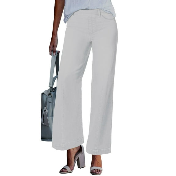 CIENVNSTG Trendy High Waisted Denim Pants for Women Flare Cropped Baggy Boyfriend Jeans Stretchy Fabric with Pockets White 22-24