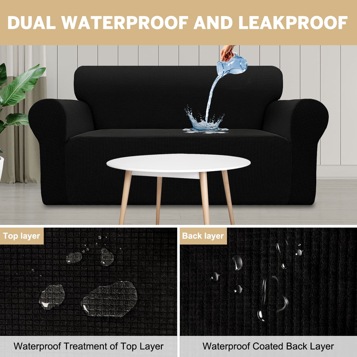 Sanmadrola 100% Waterproof Sofa Cover Non Slip Couch Cover Stretch Slipcover Leakproof Couch Protector for Kids Dogs Cats Pets, Black, Sofa