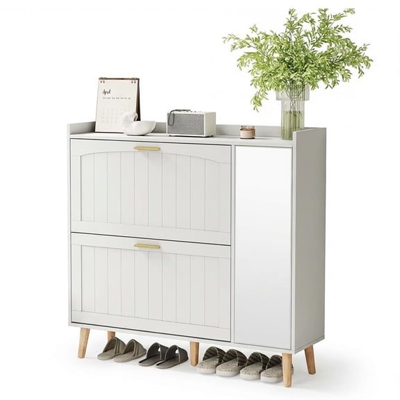 Slim White Wooden Shoe Cabinet with Mirror – 41.7" Tall, 2 Turn Drawers, Adjustable Shelves, Freestanding Entryway Organizer