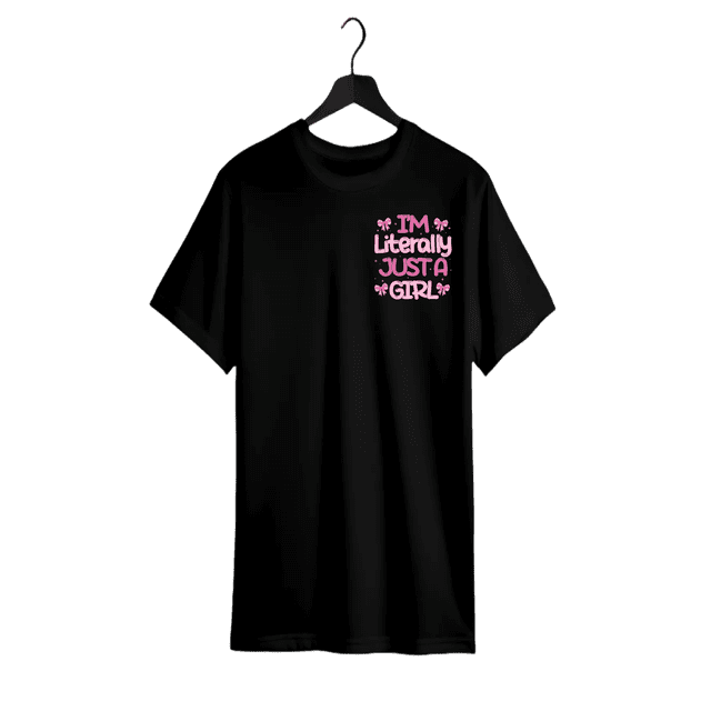100% Cotton Girls' "i'M LiTeRaLLY JuST a GiRL" Graphic Print T-Shirt - Black with Pink Lettering, Short Sleeve, Round Neck, Casual Summer Tee for Casual attire, Girls Shirts