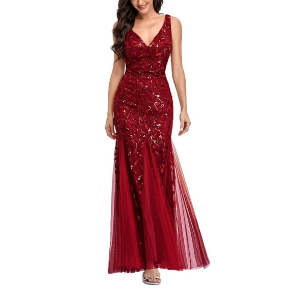 ROMANCE VICTORY Women's Sleeveless V-neck Tulle Embroidery Sequins Cocktail Mermaid Bridesmaid Dress
