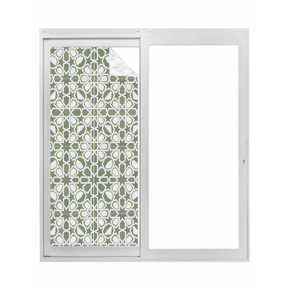 Sage Green Window Privacy Film, Retro Abstract Morocco Geometric Texture Static Cling UV Sun Blocking Tint Film Heat Control Windows Films for Bedroom Bathroom, Window Stickers 17.7"x39.3"
