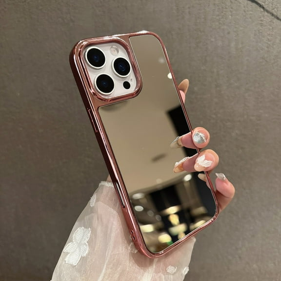 Designed for iPhone 15 Mirror Case, Four Corner Shockproof Hard Back Plating Edge Protective Cover for Girls Woman Makeup Anti-Scratch Back Phone Case for iPhone 15, Pink