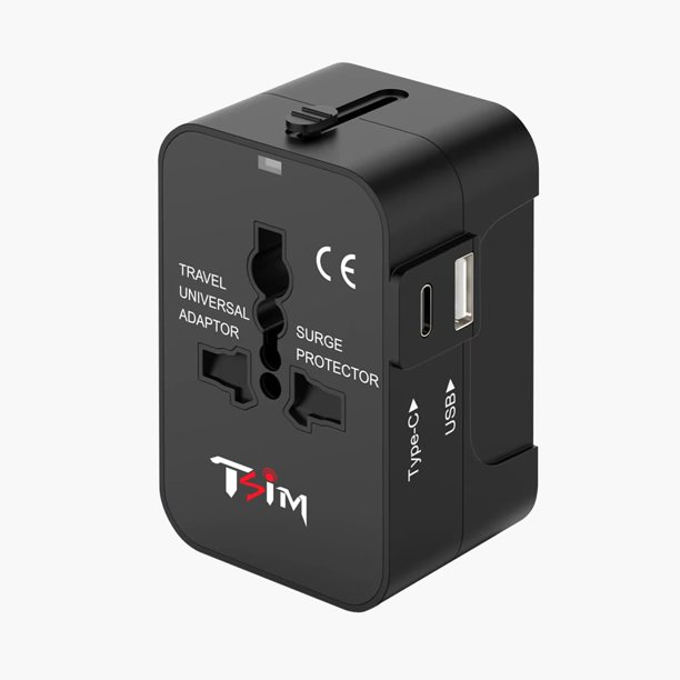 Adaptador de viaje TSIM universal todo en uno con puerto USB C negro
