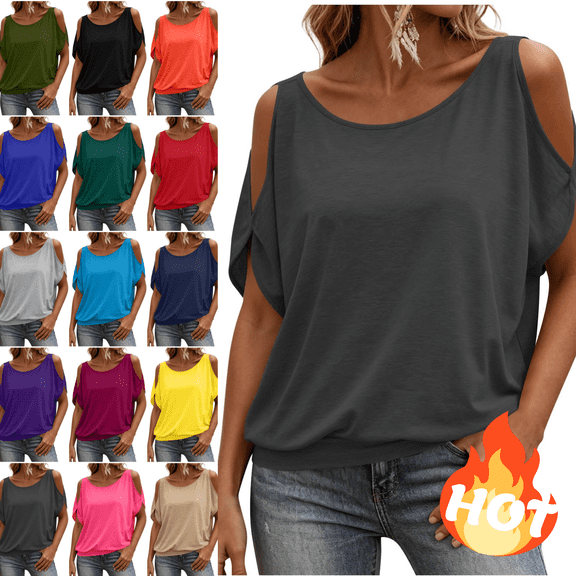 Mifsaly Womens Cold Shoulder Tops Summer Casual Short Sleeve T Shirts Flattering Cutout Open Shoulder Loose Fit Tunic Blouses Dark Gray,L
