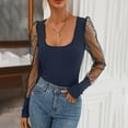 thumbnail image 2 of AherBiu Going out Tops for Women Ribble Knitted Square Neck Low Cut Mesh Dotted Long Sleeve Shirt Blouse, 2 of 4