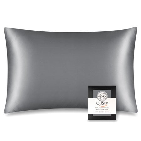 OLESILK Taie d'Oreiller en Soie de Mûrier 100% pour Tout-Petits, pour Cheveux et Peau, des Deux Côtés, 19 Momme, Soie Pure Naturelle, avec Fermeture Éclair Cachée, 13"x 18 Pouces, Gris Argenté