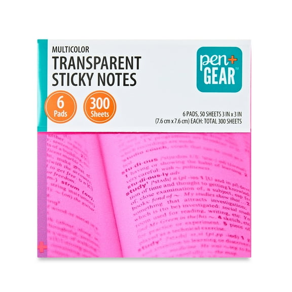 Pen+Gear Semi-Transparent Sticky Notes, 3" x 3", Multicolor, 6 Pads