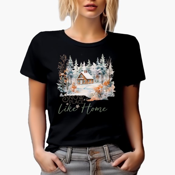 Snow Place Like Home Pun Quote & Winter Cabin in the Woods Art Merch Gift, Black T-Shirt, Small