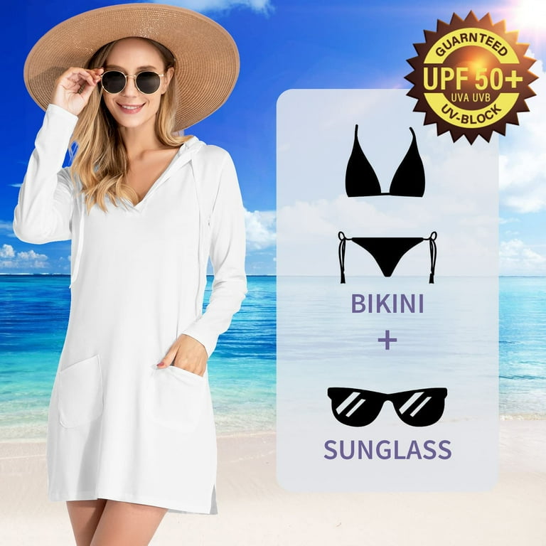 Women s UPF 50 Cover Up Dress Beach SPF Long Sleeve Shirt Dress Sun Protection Hiking Beach 901 White L Walmart