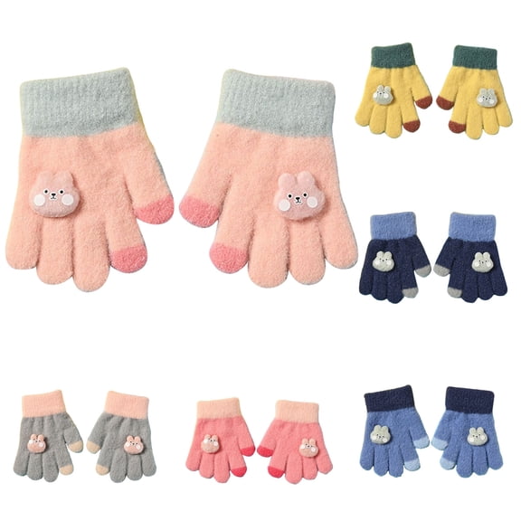 Lispipm Winter Wool Gloves for Kids Cute Cartoon Rabbit Decoration Fleece Thermal Knitted Mittens Full Fingers Stretchy Gloves Blue 0-3 Years